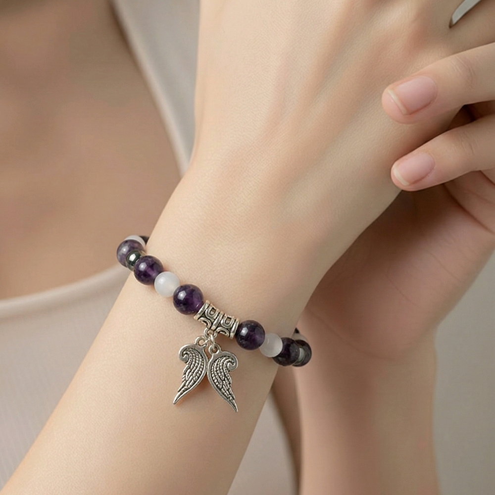 Archangel Zadkiel Crystal Amethyst & Moonstone Beaded Bracelet 6.75" Size